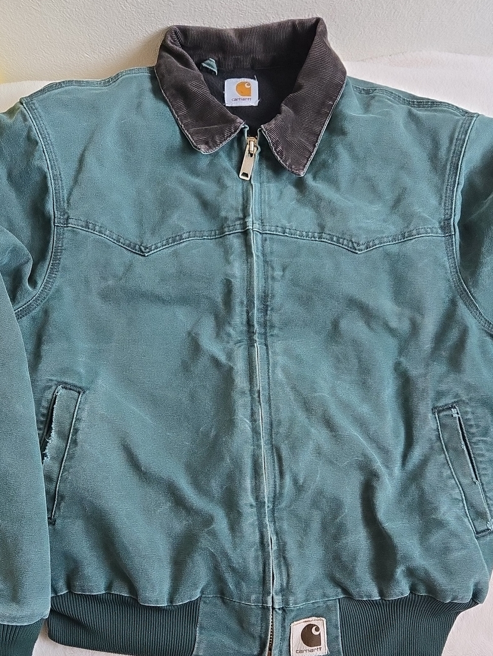 VTG Carhartt Men's Green Santa Fe Canvas Jacket with Dark Brown Corduroy Collar